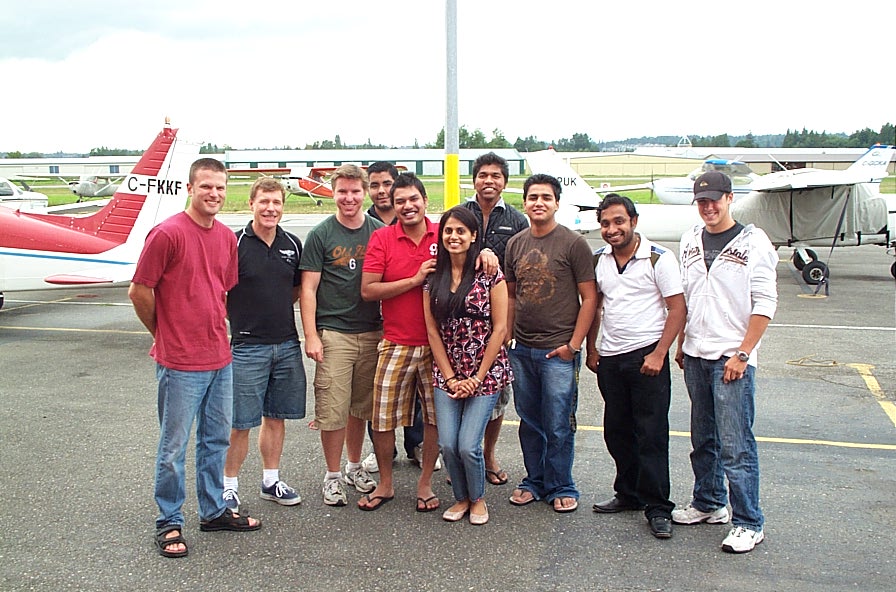 From Left, Sheldon Pohl, Peter Waddington, Phil Craig, Instructor Student Bharat Dhingra, Commercial Pilot Graduate Vikas Choudhary, Commercial Pilot Graduate Sukhmani Brar, Private Pilot Student Vinit Shinde, Commercial Pilot Student Monoj Shelke, Commercial Pilot Student Aniket Chavan, and Private Pilot Student Brooklyn Anderson.  Langley Flying School.
